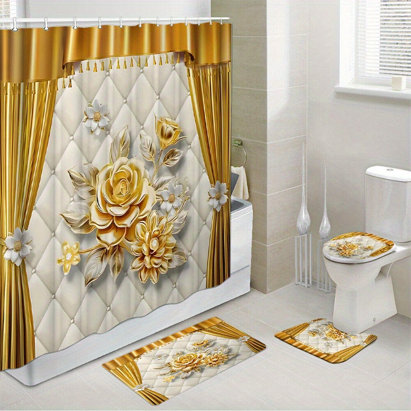 

1pc/4pcs Waterproof Shower Curtain Set With 12 Hooks And Bath Mats Toilet Covers Seat For Bathroom Non-slip Rug Carpet Polyester Fabric Curtain For Windows Bathroom Accessories Home Decor