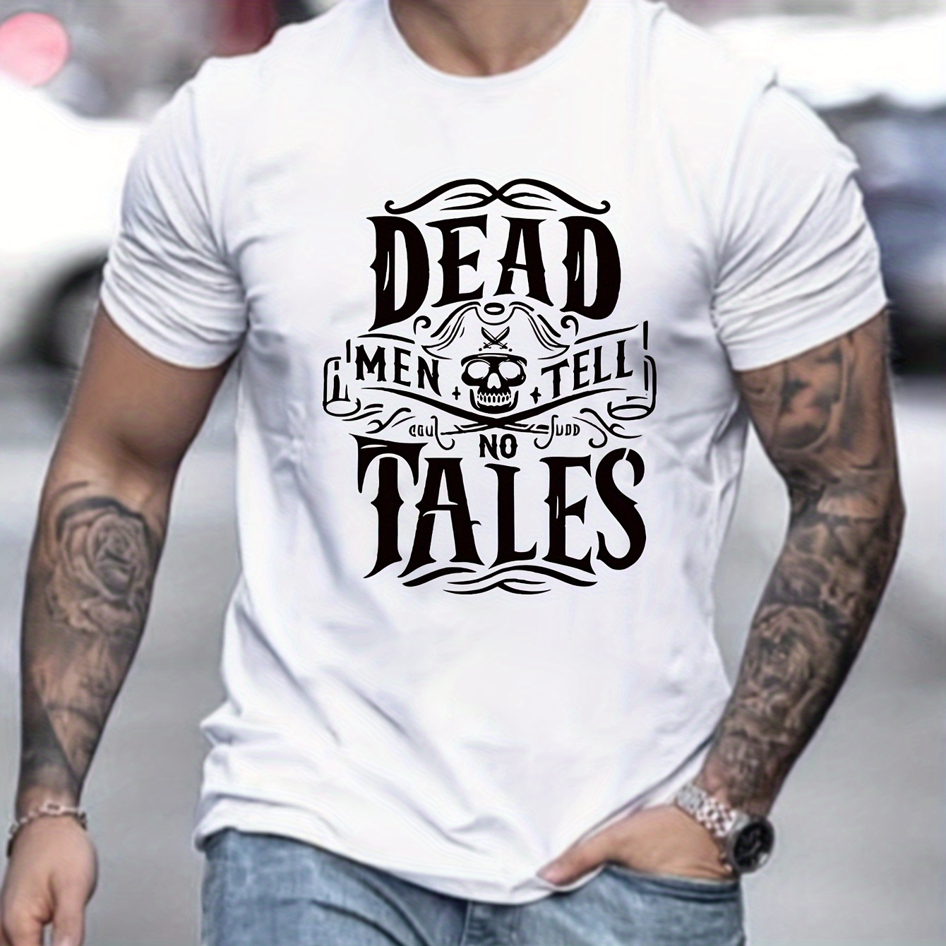 

1 Pc, 100% Cotton T-shirt, Crew Neck Dead Tales Print Men's Fashionable Summer Short Sleeve Sports T-shirt, Comfortable And Versatile