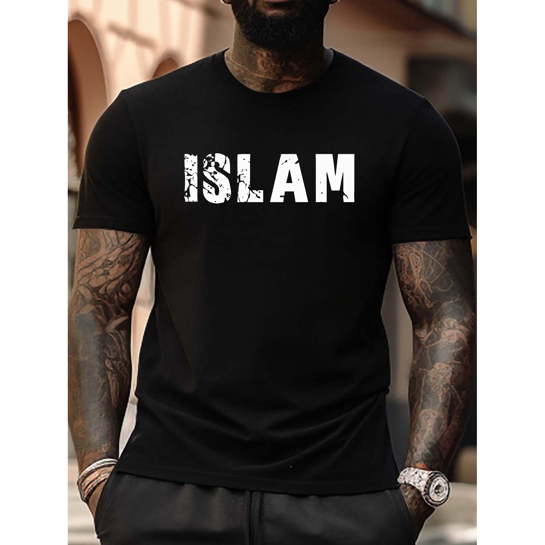 

Men's "islam" Graphic Print T-shirt For Summer, Trendy Casual Short Sleeve Tees