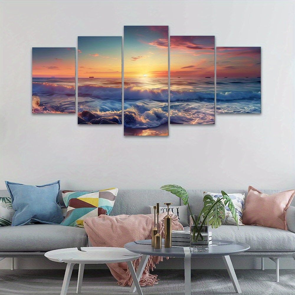 5 Piece Framed Canvas Wall Art Set Sunset Ocean Waves Landscape Modern ...