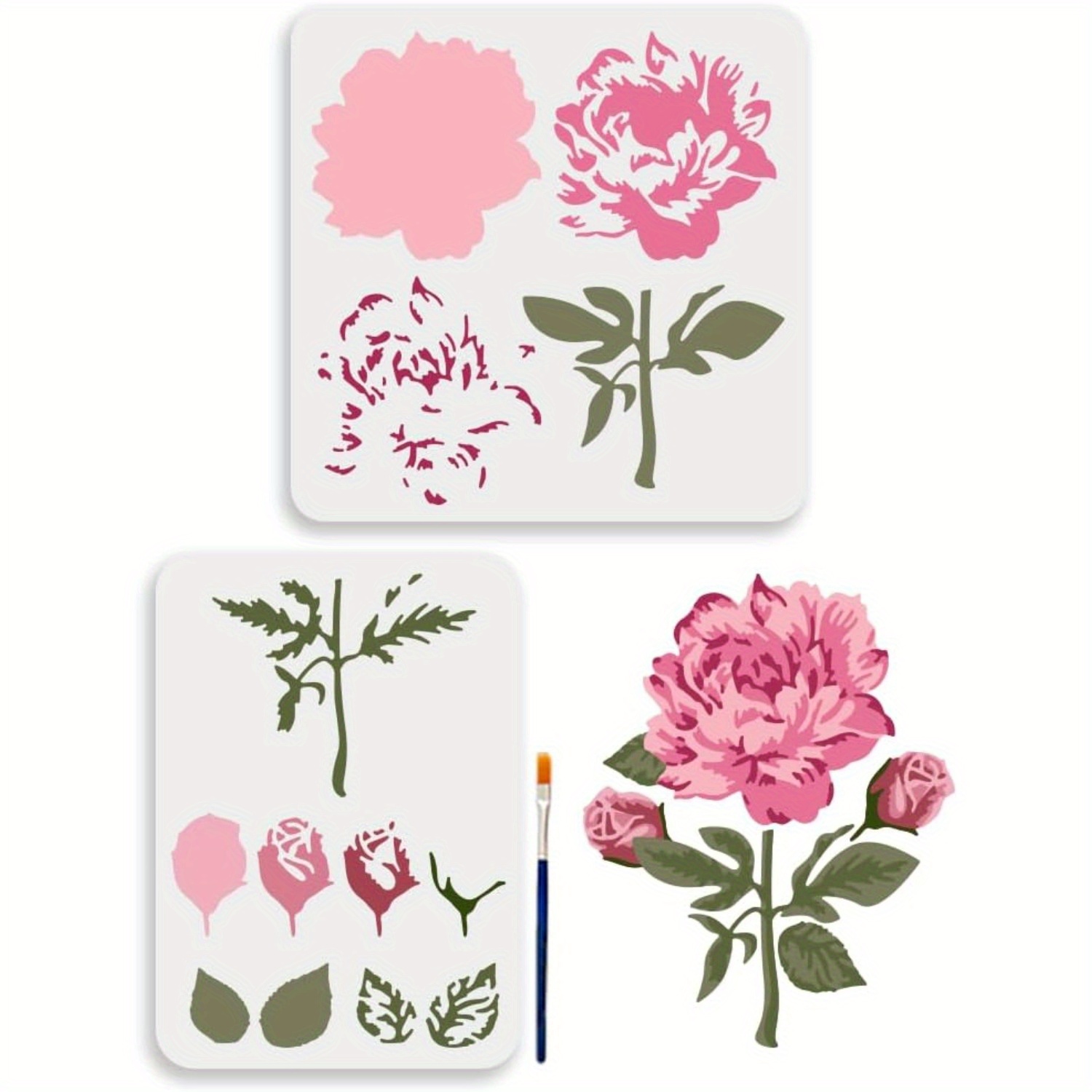 

2-pack Layered Garden Flower Stencils With Paint Brush, Reusable Plastic Floral And Leaves Drawing Templates For Diy Crafts, Furniture, Walls, Fabric, Wood, Canvas - Versatile Crafting Stencils Set