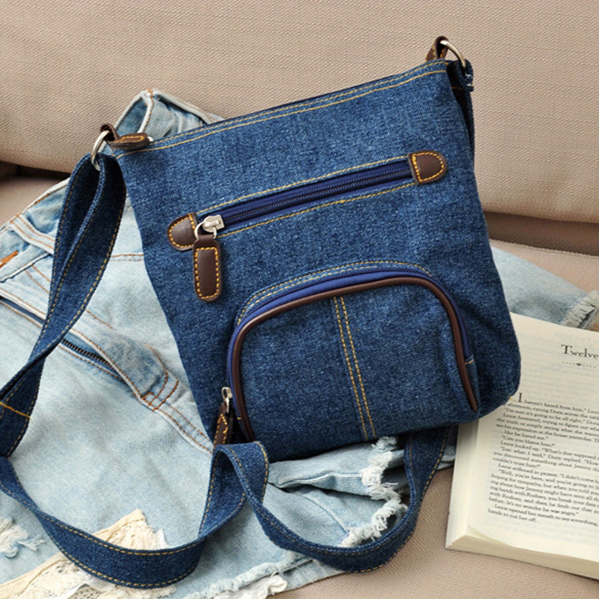 

Women' Denim Crossbody Bag, Multi-pocket Messenger Bag With Adjustable Shoulder Strap, Vintage Style, Mail Bag