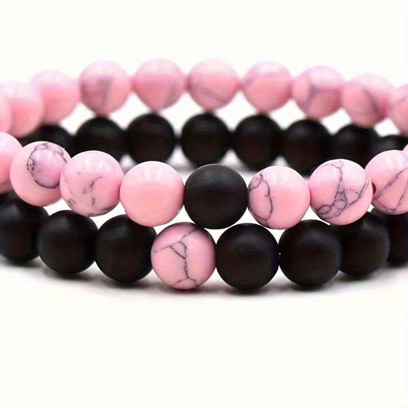 

Boho Style Bracelet Set Of 2 - Man-made Rock Beads, Black And Pink Stretch Bracelets For Men And Women, Fashion Jewelry Wholesale No Plating No Mosaic