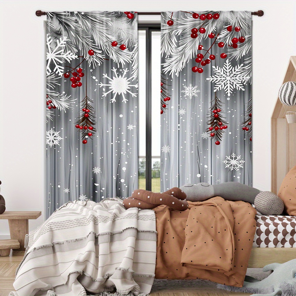 

2-pack Blackout Curtains With Christmas Pine And Snowflakes Design – Woven Polyester Rod Pocket Drapes, Machine Washable Embossed Digital Print For Bedroom, Living Room, Study - Contemporary Style