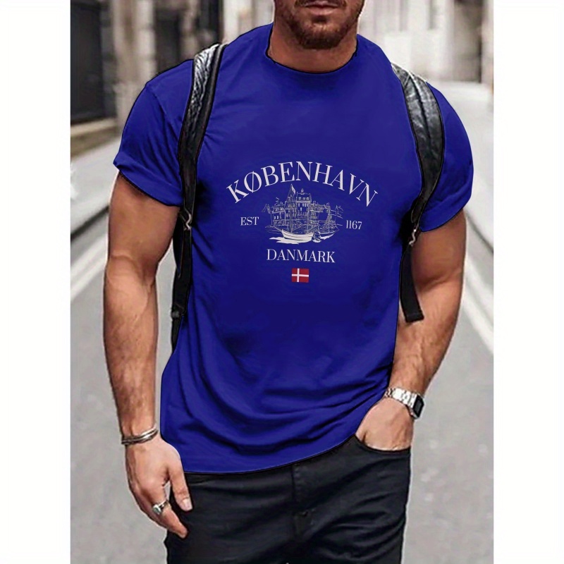 

Fashion Denmark Print, Men's Crew Neck Short Sleeve T-shirt, Casual Comfy Top For Summer