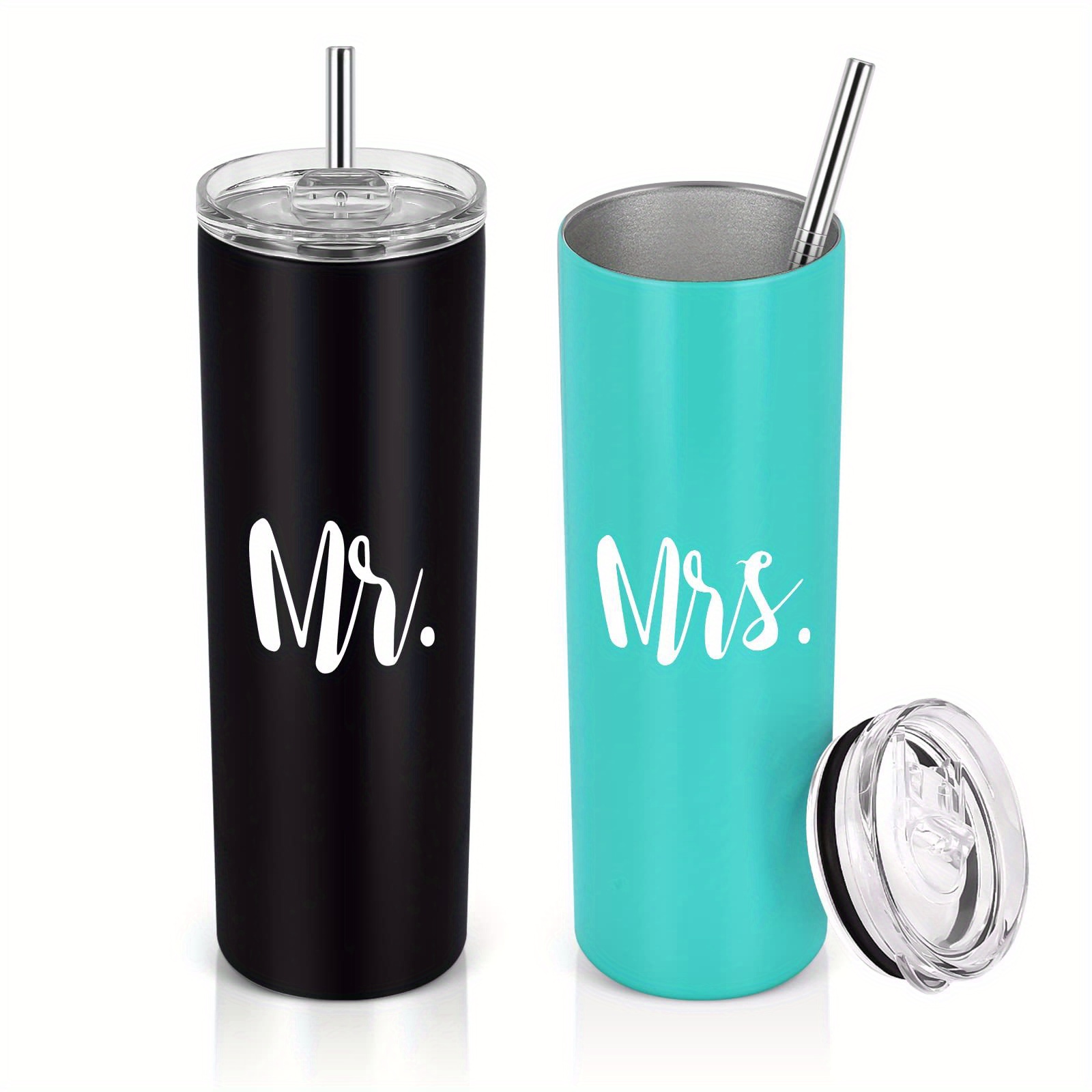 

2 Pc Mr And Mrs Tumbler Set, Stainless Steel Skinny Tumbler Gift For Newlyweds Couples Wife Bride To Be Newly Engaged Bridal Shower, 20 Oz Insulated Tumbler For Wedding Engagement, Black And Mint