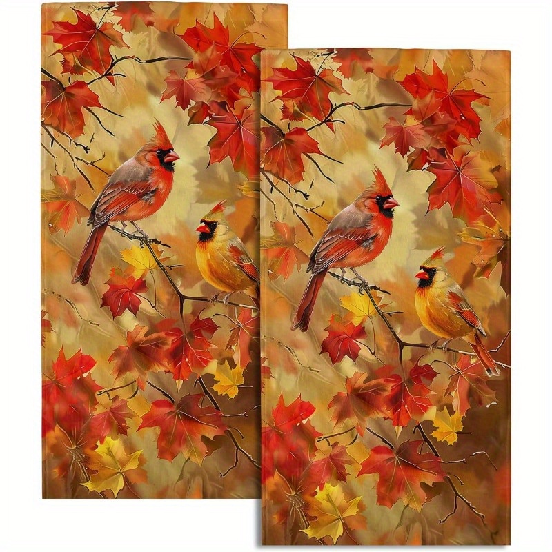 

2pcs Thanksgiving Autumn Bird Hand Towels, Ultra Soft, Polyester Blend, Decorative Maple Leaf Design For Bathroom & Kitchen