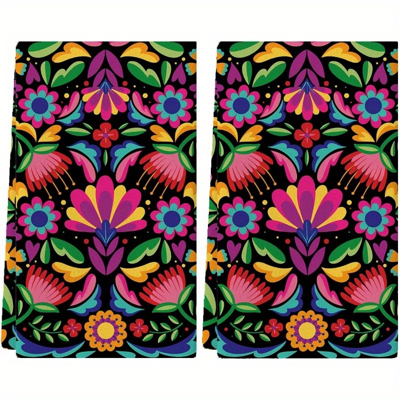 

2-piece Mexican Flowers Kitchen Towels Set, Woven Polyester Blend, Contemporary Decorative Dish Cloth, Super Soft & Machine Washable, 18x26 Oblong Towels For Cinco De Mayo & Day Of The Dead