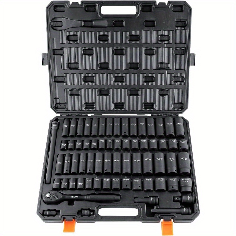 

1/2" Drive Impact Socket Set, 65 Piece Sae 3/8" To 1-1/4" And Metric 10-24mm, 6 Point Cr-v Alloy Steel For Auto Repair, Easy-to-read Size Markings, Rugged Construction, Storage Case