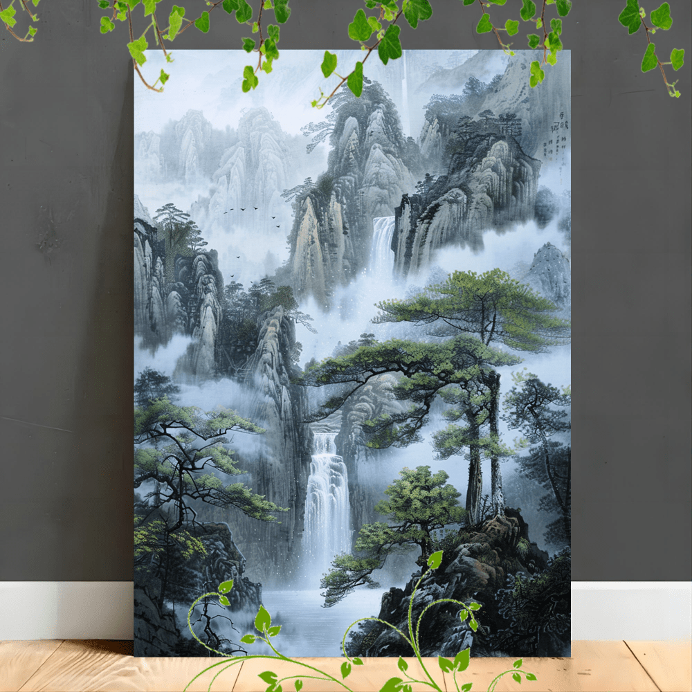 

1pc Wooden Framed Canvas Painting Artwork Very Suitable For Office Corridor Home Living Room Decoration Suspensibilitymountain Landscape Cascading Waterfall, Traditional Asian Art, Misty Mountains, S