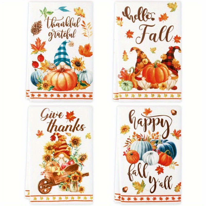 

4-piece Thanksgiving Kitchen Towels Set - Modern Polyester Dish Cloths With Pumpkin, Dwarf, And Autumn Themes - Super Soft Woven Oblong Hand Towels For Cooking And Baking - 240gsm - 18x26 Inches