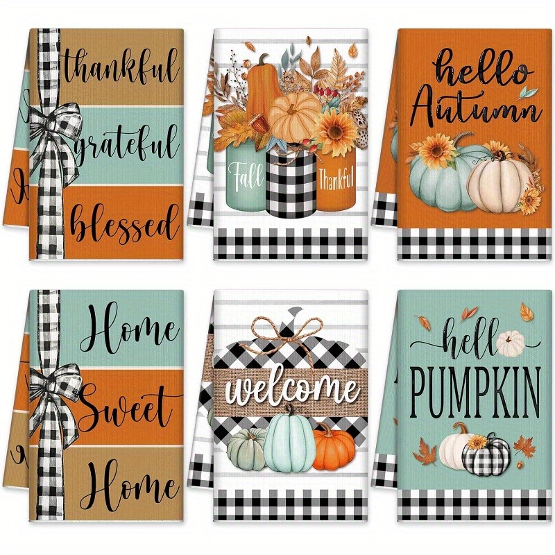 

6-piece Autumn-themed Kitchen Towels Set - Super Soft Polyester , Woven 240gsm Dish Towels With Buffalo Check, Pumpkins & Seasonal Quotes, Pattern Towels For Fall Decor, Oblong Shape 18x26 Inches