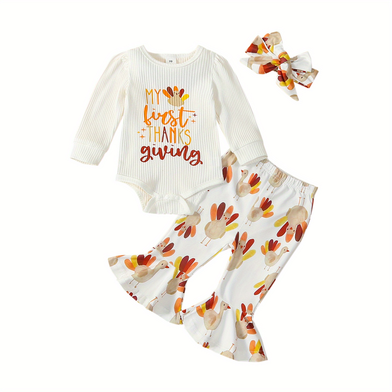 

Baby Girls Fall Outfit, Long Sleeve Letters Print Romper With Turkey Print Flare Pants And Headband Thanksgiving Clothes