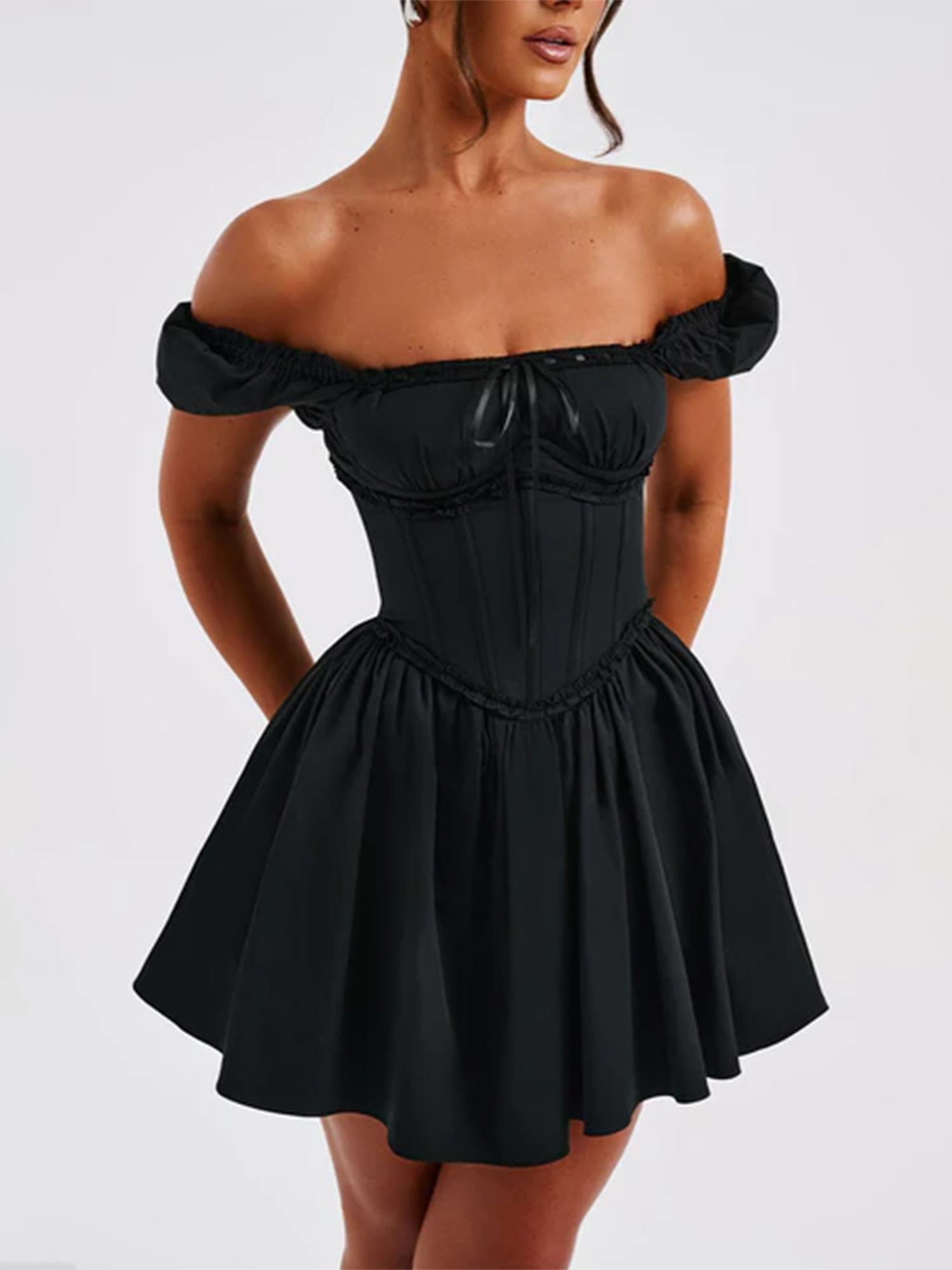 womens flowy corset mini dress shoulder ruffle a line - Temu
