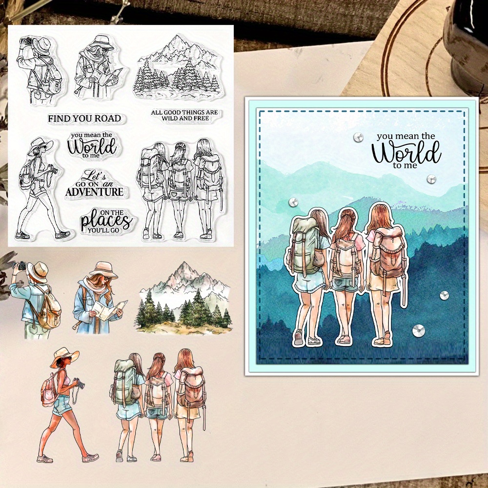 

Summer Autumn Girls Friends Camping Trip Cutting Dies Clear Stamp Set Diy Scrapbooking Metal Dies Silicone Stamp Knife Mold For Cards Albums Crafts Decor