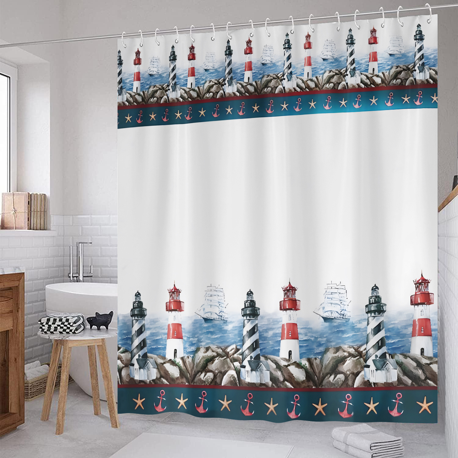 

Lighthouse & Nautical Theme Waterproof Shower Curtain - , No Drilling Required, Polyester, 70.87"x70.87", Includes Hooks, All , Shower Curtain Set