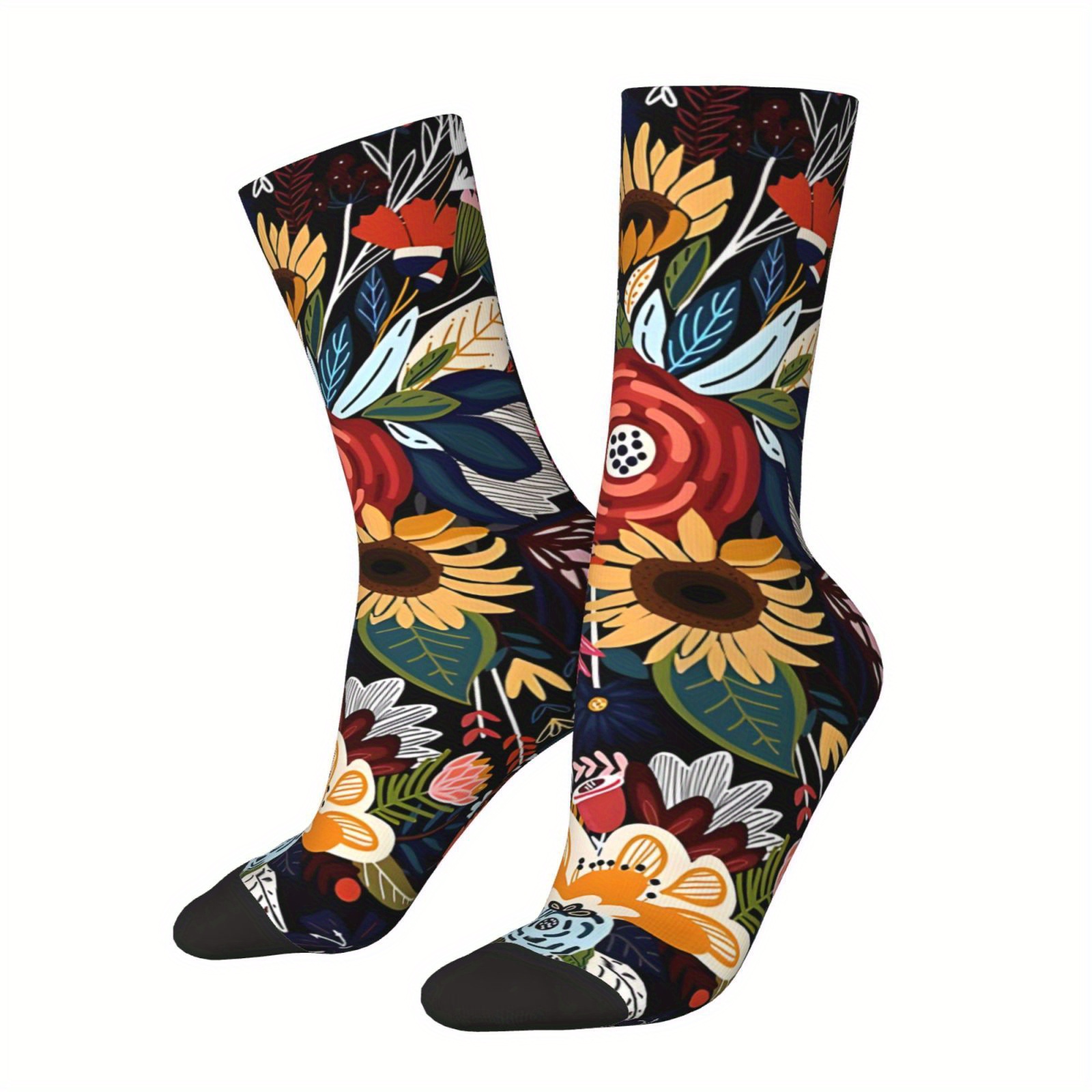 TEMU 1 Pair Of Unisex Harajuku Vintage Style Novelty Sunflower Garden Pattern Crew Socks, Trendy 3d Digital Printed Men Women Socks, Crazy Funny Socks For Gifts