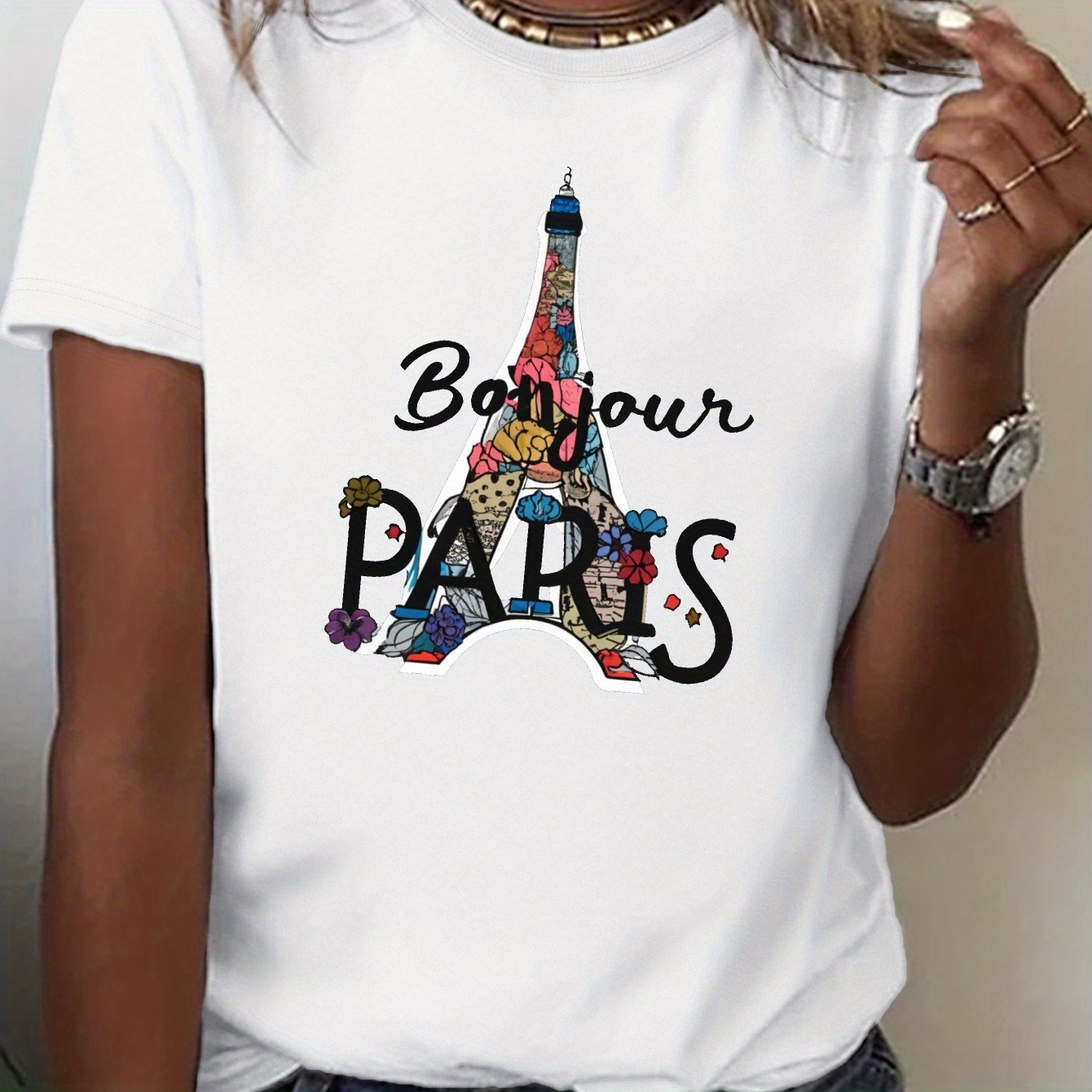 

Paris Tower Print Crew Neck T-shirt, Casual Short Sleeve Comfortable Breathable T-shirt For Spring & Summer, Women's Clothing