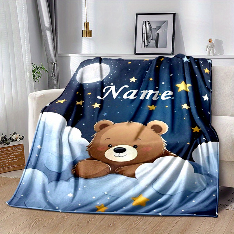 

Personalized Bear Throw Blanket With Custom Name - Polyester Lightweight All-season Chunky Knit Blanket For Travel, Sofa, Outdoor - Machine Washable For All Occasions