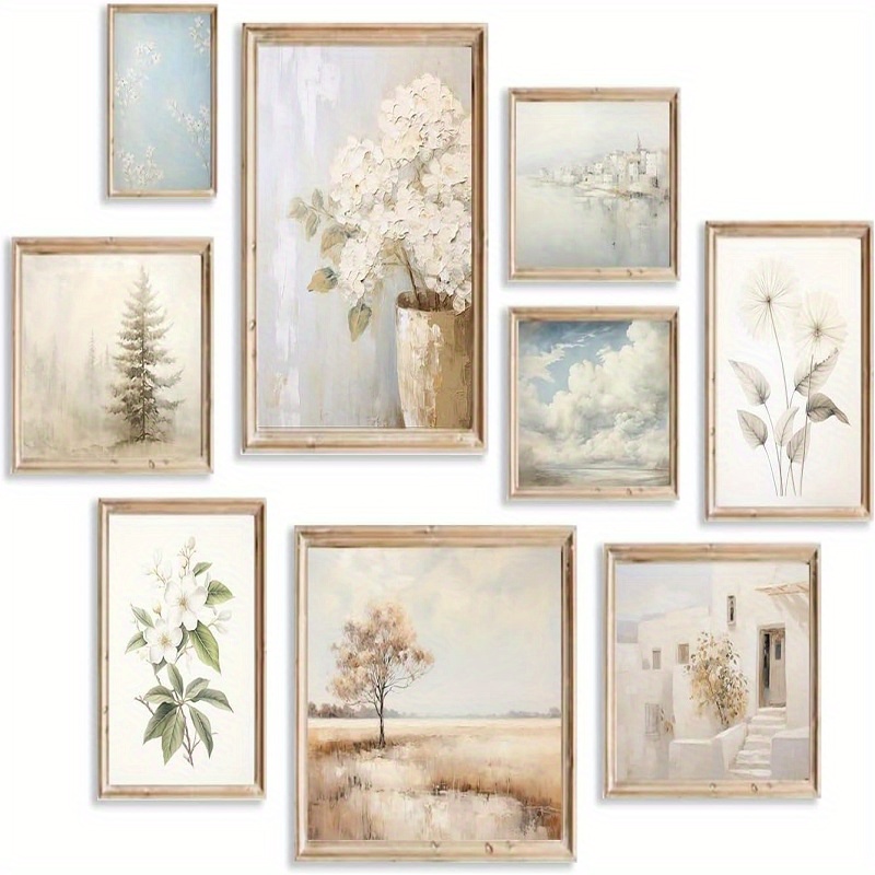 

9pcs Set Of Neutral & Muted Floral And Botanical Canvas Art Prints - & Bedroom Decor,