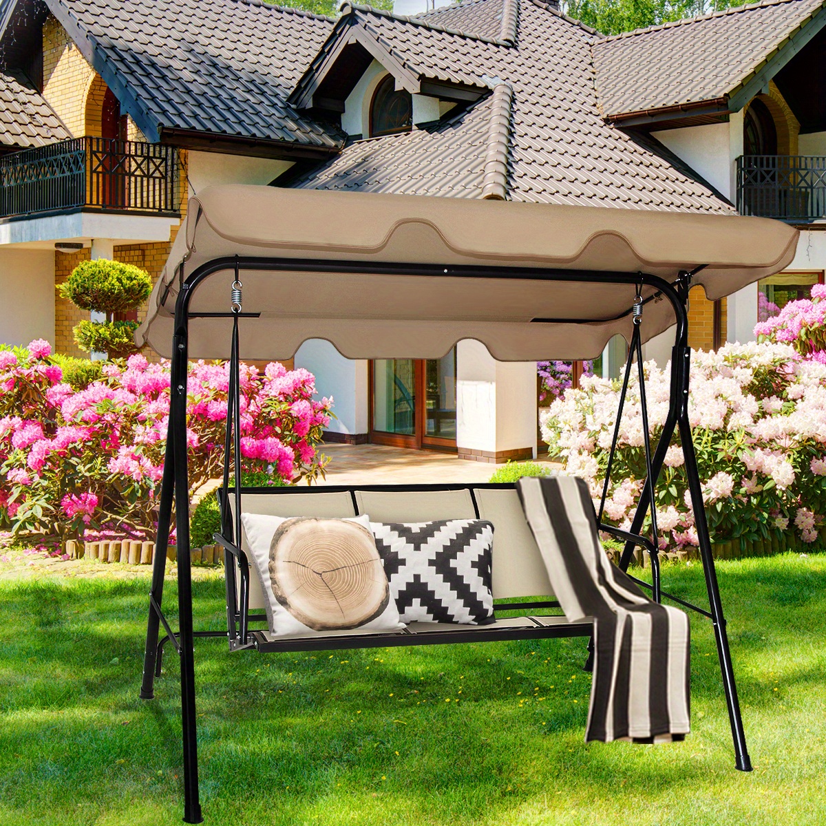 person patio swing beige canopy durable steel Temu