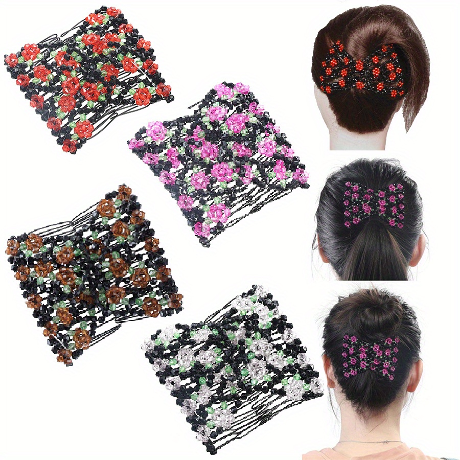 

4 Pcs Magic Hair Combs Double Stretching Beaded Flower Hairpin For Women, Hair Bun Maker Accessories, Elastic Beaded Double Hair Clips Combs Hair Accessory For Hair Styling Hairpins