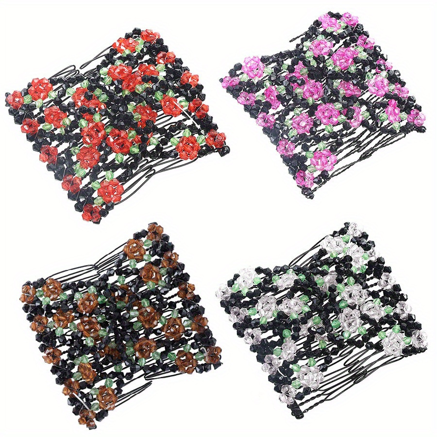 TEMU 4 Pcs Magic Hair Combs Double Stretching Beaded Flower Hairpin For Women, Hair Bun Maker Accessories, Beaded Double Hair Clips Combs Hair Accessory For Hair Styling Hairpins