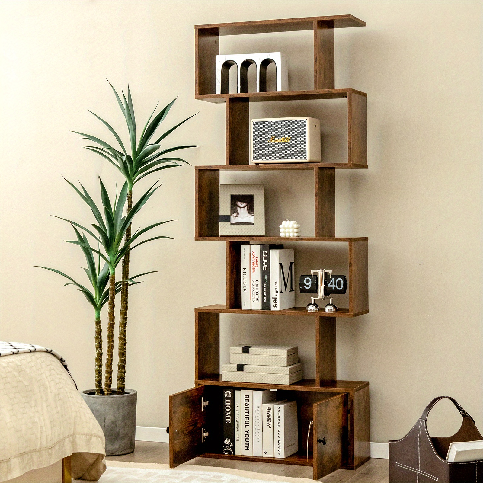 1 Pc Bookshelf W/cabinet 6-tier Bookcase Storage Racks Rustic Brown