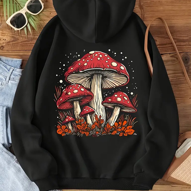 

Mushroom Print Kangaroo Pocket Hoodie, Casual Long Sleeve Drawstring Hooded Sweatshirt For Fall & Winter, Women's Clothing