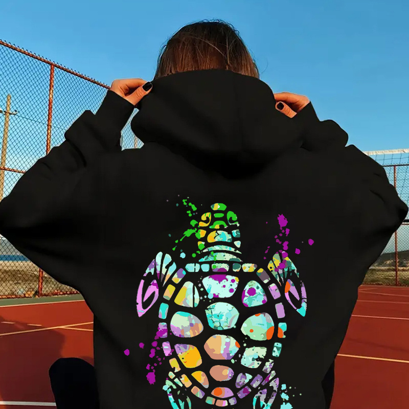 

Turtle Print Hoodie, Drawstring Casual Hooded Sweatshirt For Winter & Fall, Women's Clothing