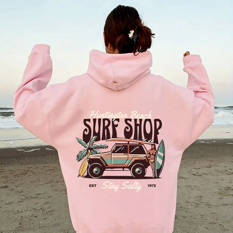 

Surf Shop Print Kangaroo Pocket Hoodie, Casual Long Sleeve Drawstring Hooded Sweatshirt For Fall & Winter, Women's Clothing