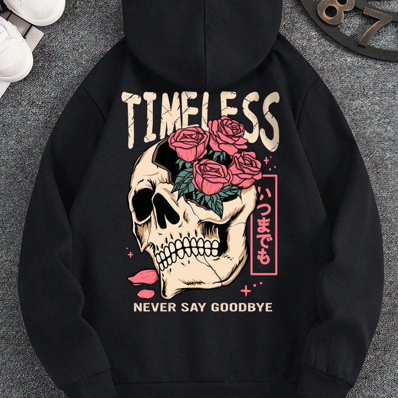 

Floral Skull Print Kangaroo Pocket Hoodie, Casual Long Sleeve Drawstring Hooded Sweatshirt For Fall & Winter, Women's Clothing