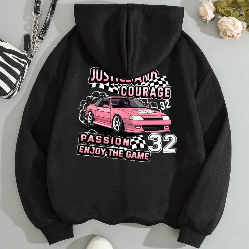 

Racing Car Print Kangaroo Pocket Hoodie, Casual Long Sleeve Drawstring Hooded Sweatshirt For Fall & Winter, Women's Clothing