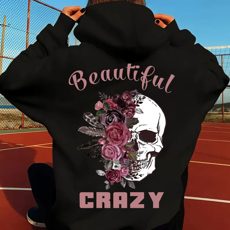 

Skull & Floral Print Hoodie, Drawstring Casual Hooded Sweatshirt For Fall & Spring, Women's Clothing