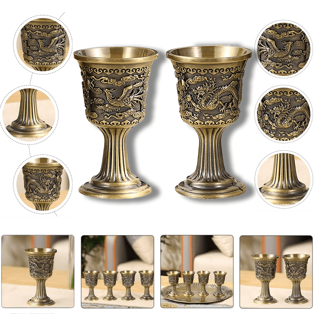 

2pcs 30ml Vintage Style Dragon And Phoenix Embossed Chalices Goblet, Tea Cup Ornament For Home Bar Decoration