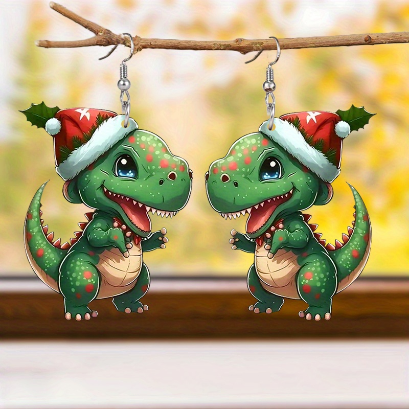 

Festive Green Dinosaur Acrylic Drop Earrings - Perfect For Christmas & Holiday Parties - Charming Cartoon Animal Design Gift For Women