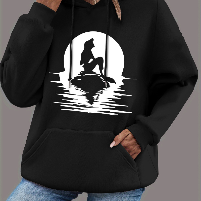 

Mermaid Print Kangaroo Pocket Hoodie, Casual Long Sleeve Drawstring Hooded Sweatshirt For Fall & Winter, Women's Clothing