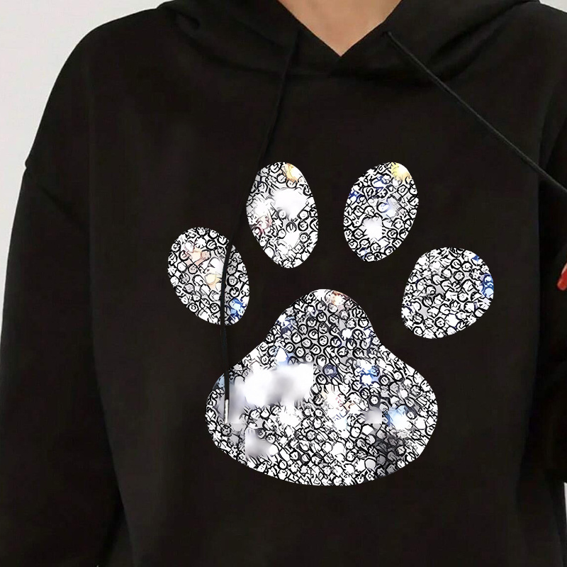 

Paw Print Hoodie, Drawstring Casual Hooded Sweatshirt For Fall & Spring, Women's Clothing