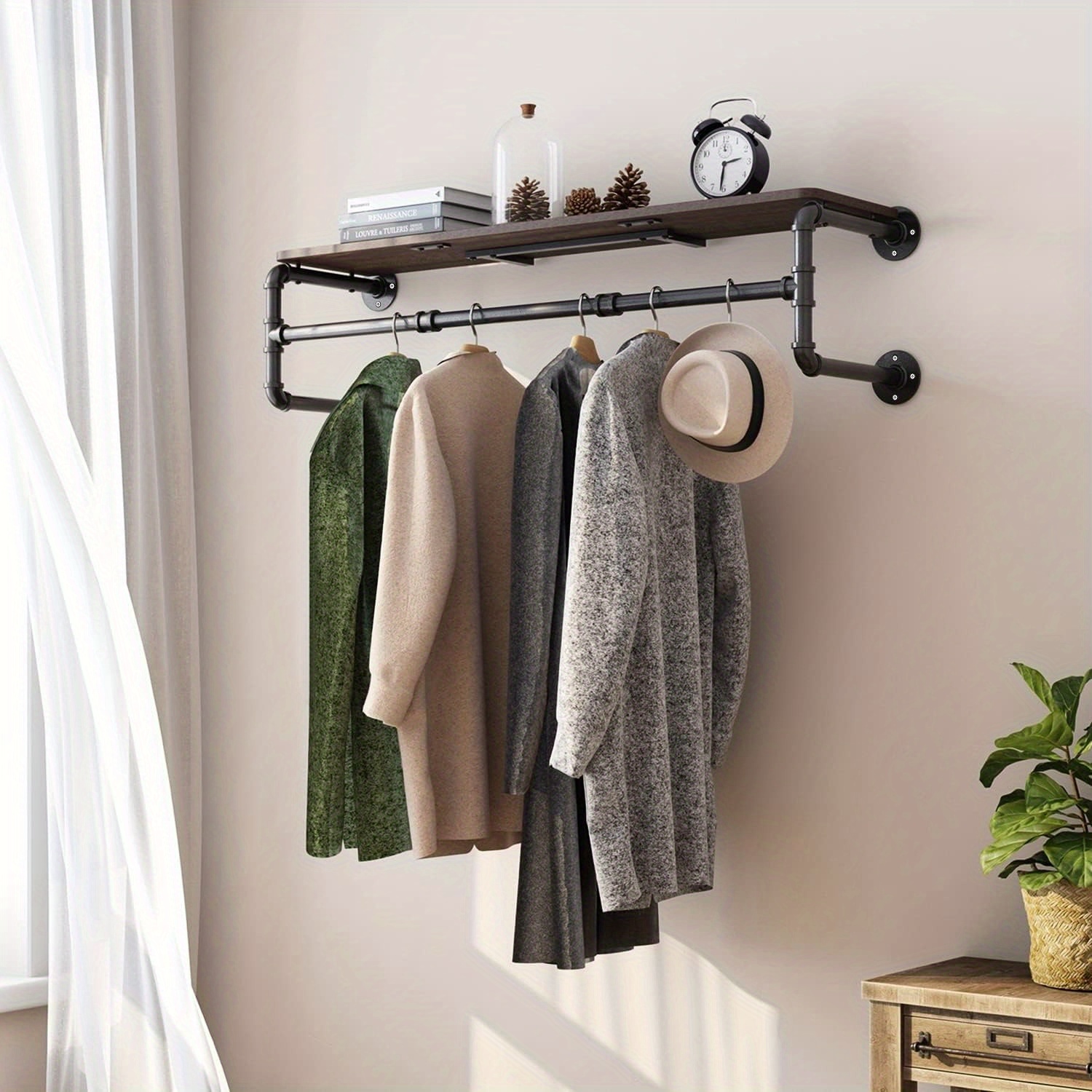 

Greenstell Clothes Rack With Top Shelf, 41in Industrial Pipe Wall Mounted Garment Rack, Space-saving Display Hanging Clothes Rack, Heavy Duty Detachable Multi-purpose Hanging Rod For Closet Storage