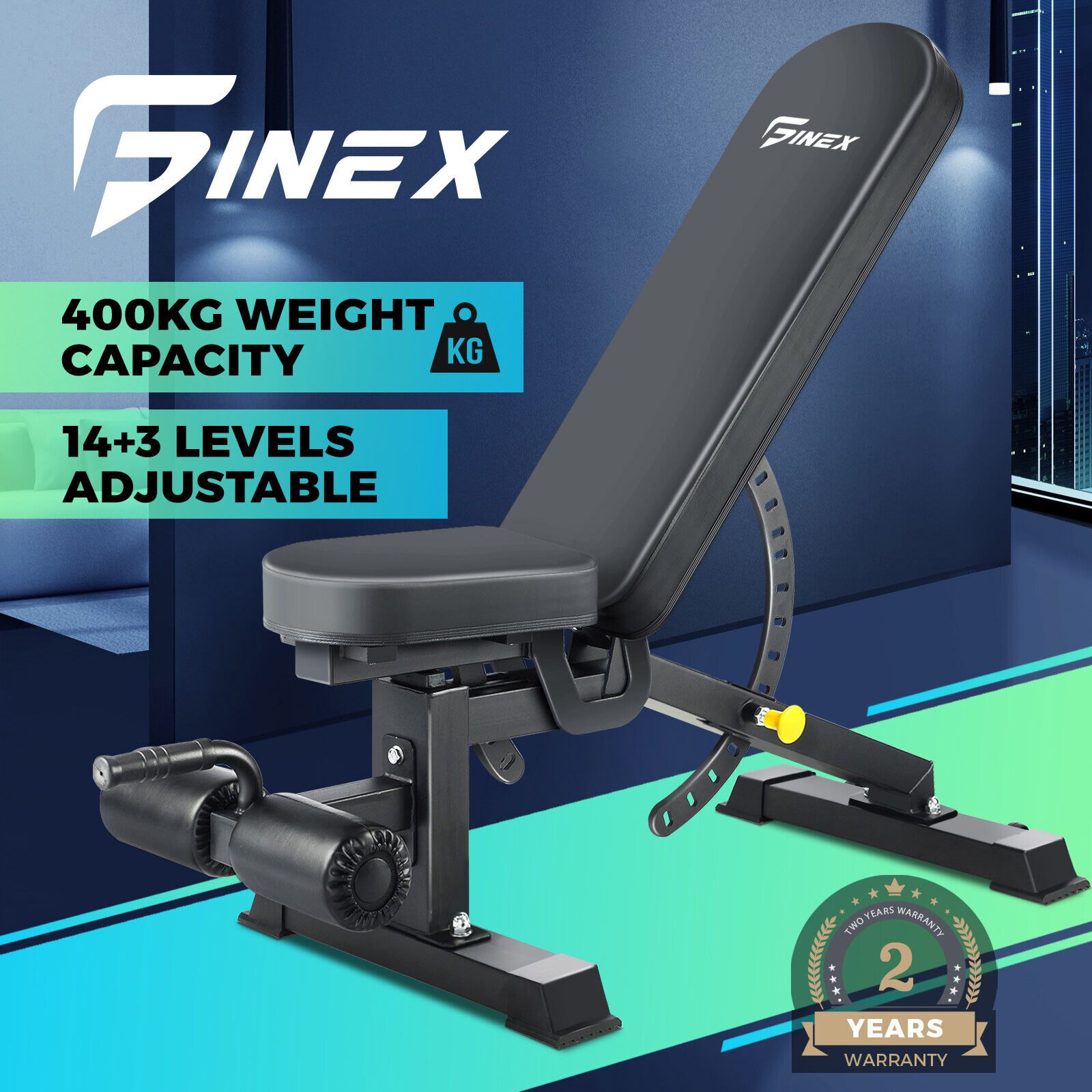 Finex FID Adjustable Weightlifting Bench - Flat, Incline & Decline Press Bench with 14 Backrest Levels, 3 Seat Angles, 400kg Capacity, Black Powder-Coated Steel Frame,, Compact Storage for Home Gym