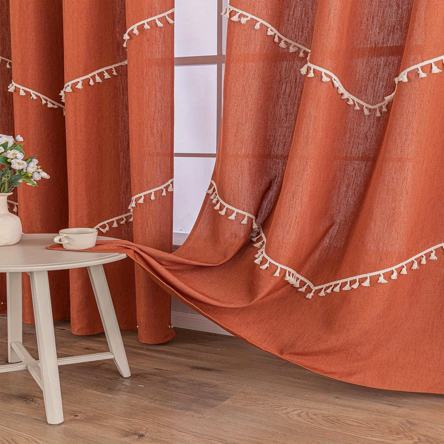 

Terracotta Boho Curtains For Bedroom Living Room 84 Inch Long 2 Panels Linen Rust Curtains With Tassels Semi-sheer Curtains Bohemian Farmhouse Curtain Drapes Burnt Orange 52" W X 84" L