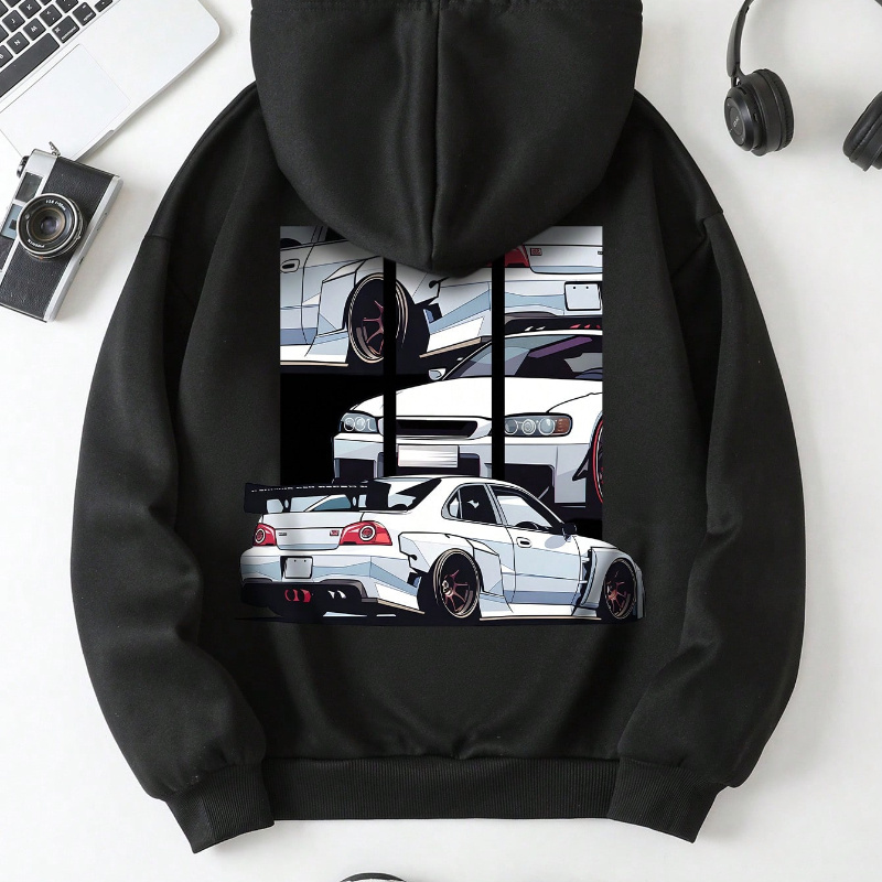 

Cozy Fleece-lined Hoodie For Women - Casual Drawstring Pullover With Car Print, Fall & Winter