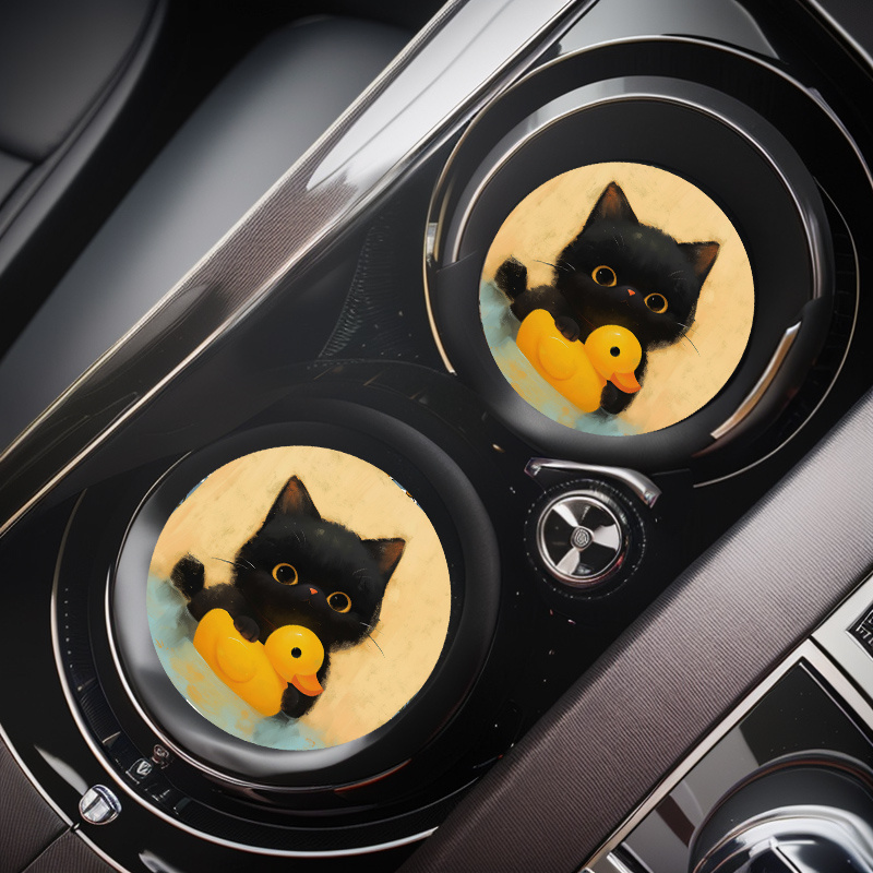 

2pcs Cute Yellow Duck & Kitten Car Cup Holder Coasters - Fit, Non-slip Rubber Drink Mats For Vehicle Interiors