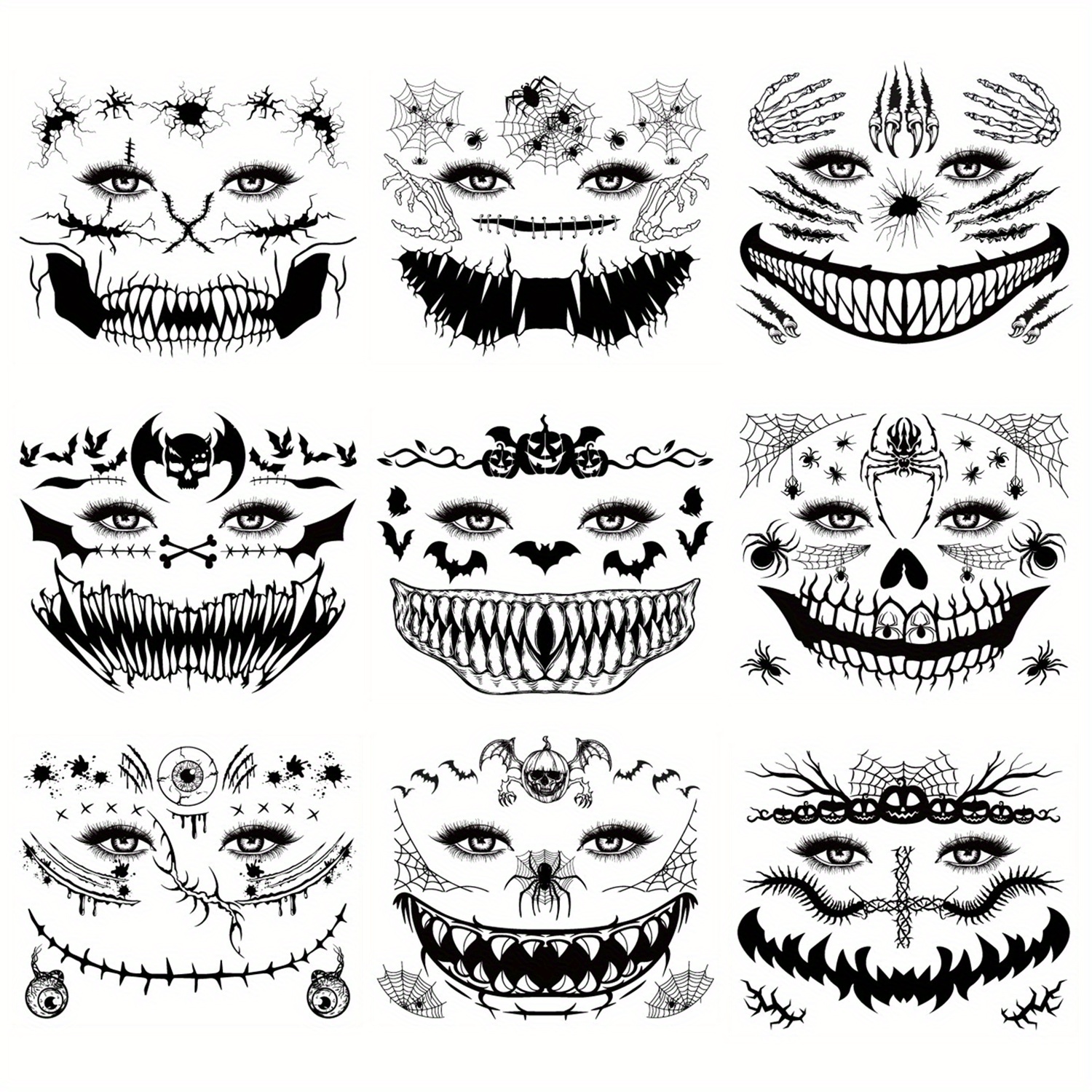 9-sheet Ftvltat Waterproof Temporary Face Tattoos - Realistic Black , Bats, Web & Suitable For Halloween Party Makeup, Witches Costume, (patch Recommended)