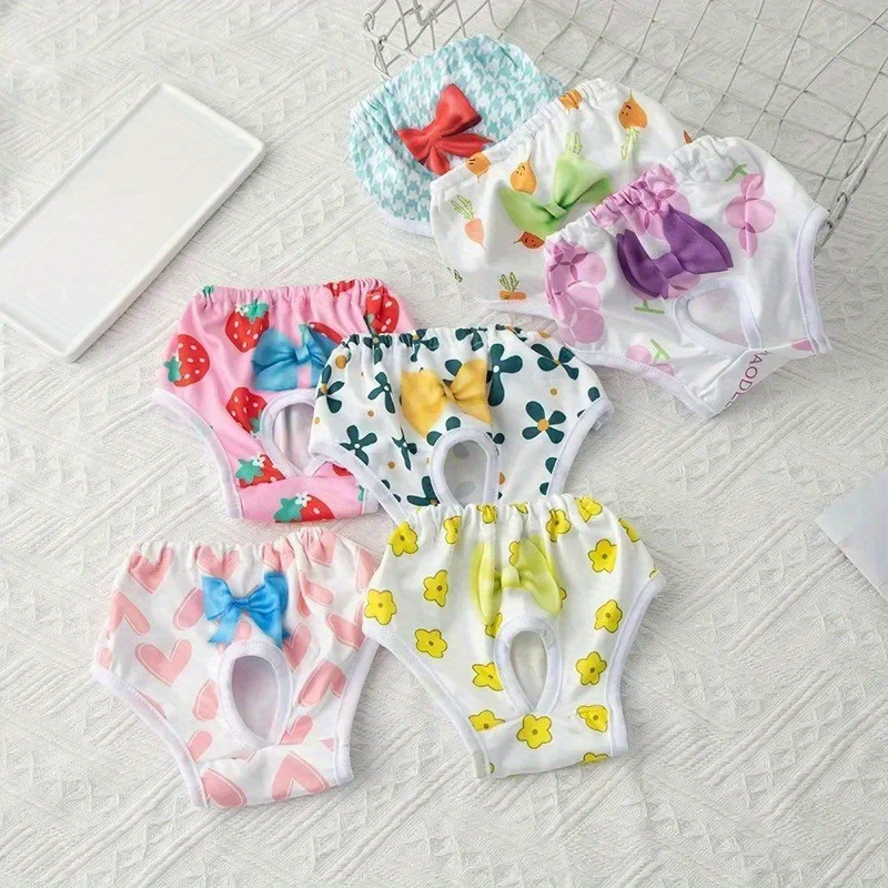 

1pc Washable Dog Diaper, Polyester Dog Physiological Pants, Reusable Pet Menstrual Underwear With Bow, Breathable Female Dog Panties, Assorted Patterns