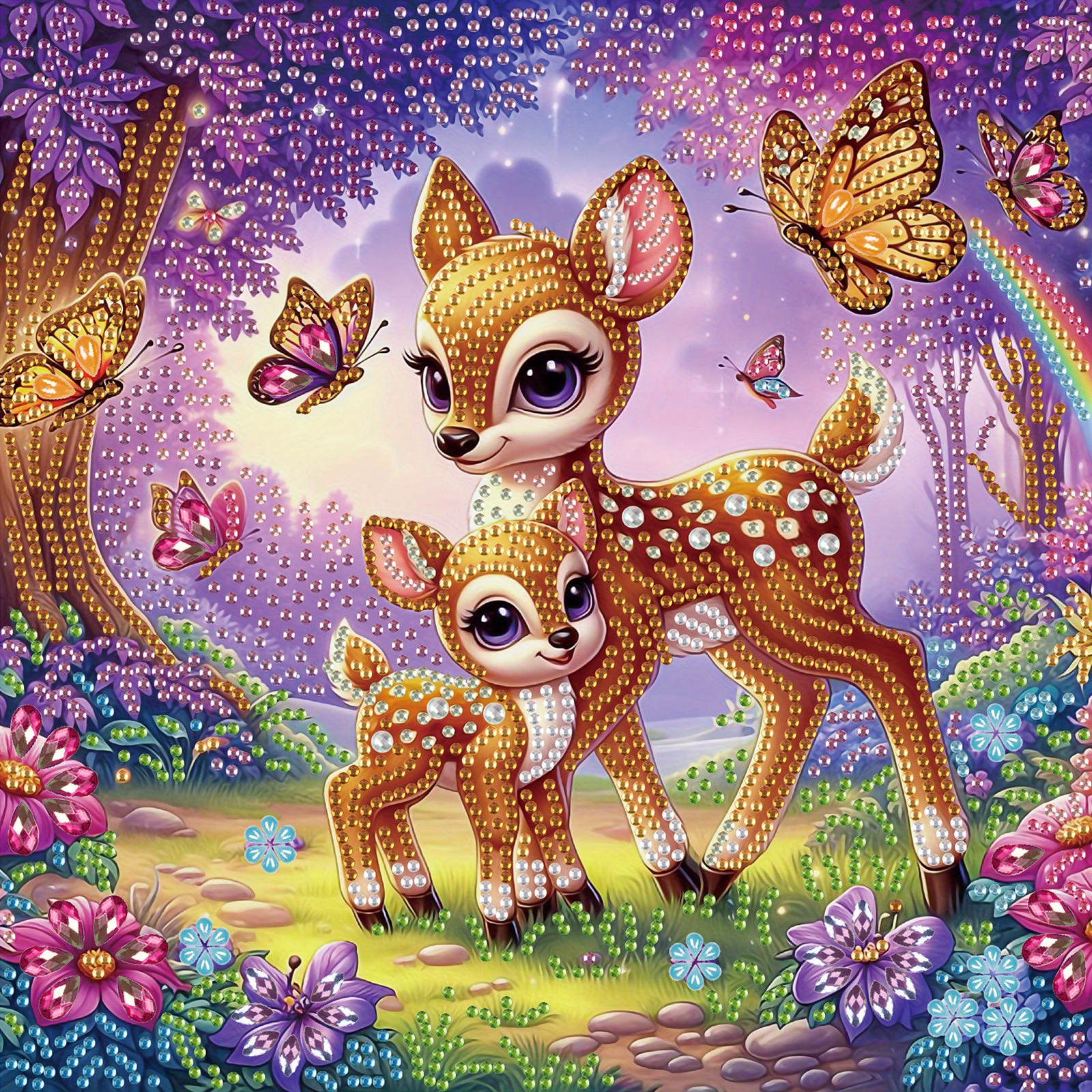 

5d Fawn & Butterfly Diamond Painting Kit - Diy Family-themed Craft With Special Shaped Diamonds, Animal Canvas Art Set For Home Wall Decor And Gift