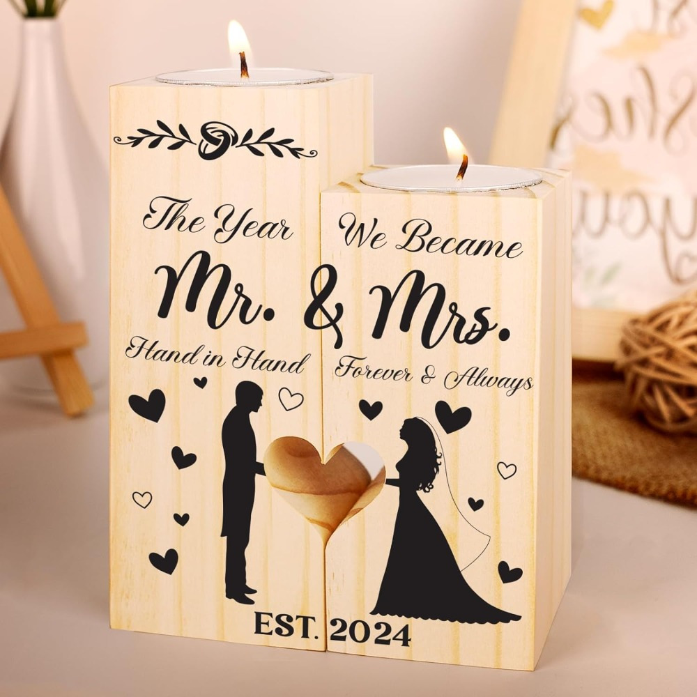 TEMU Wooden Mr. & Mrs. Candle Holder Set - Uncharged Handcrafted Wedding Gift For Couples, Romantic Bridal & Groom Candlestick Present, Est. 2024 Anniversary Decoration