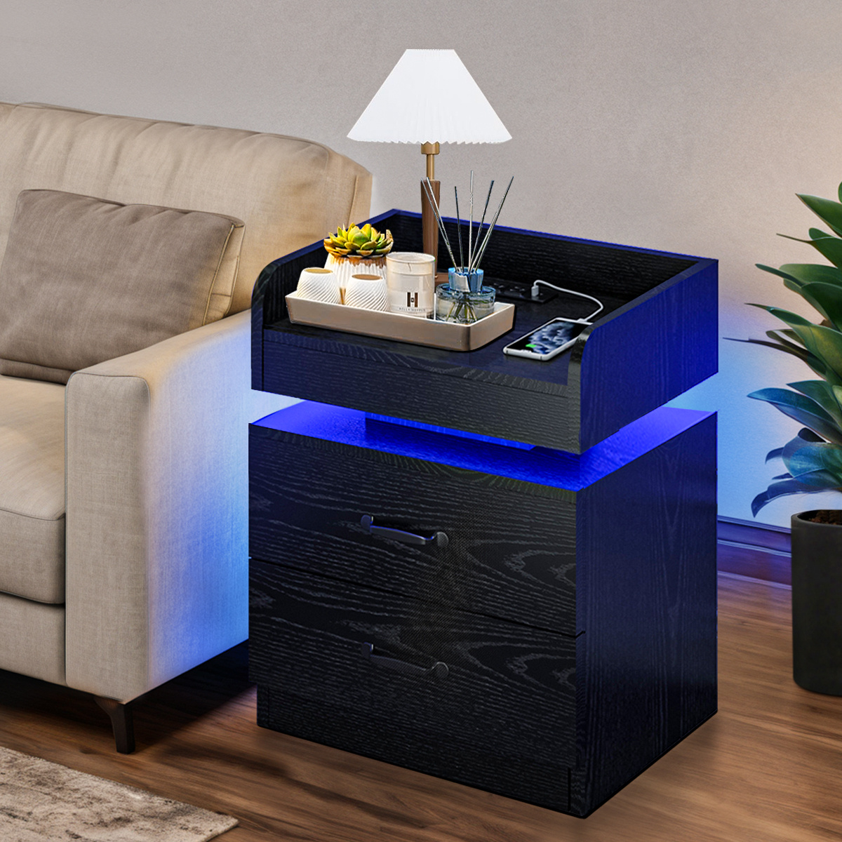 

Black Nightstand With Charging Station, With Led Lights, Modern Led End Table Nightstand For Bedroom, Bedside Table Drawers, Bed Side Table With Storage For Living Room