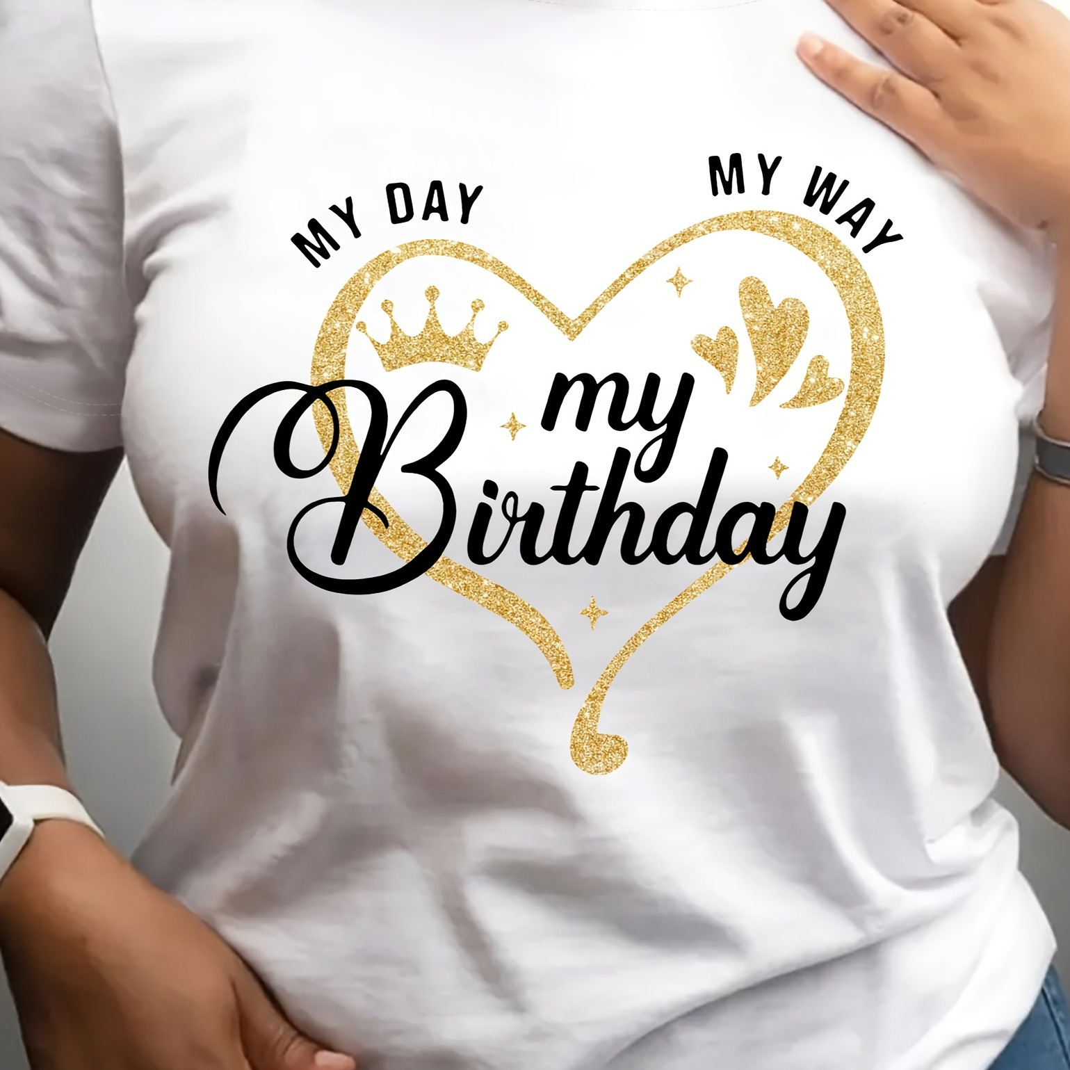 

My Birthday Print Crew Neck T-shirt, Casual Short Sleeve Top For Spring & Summer, Women's Clothing