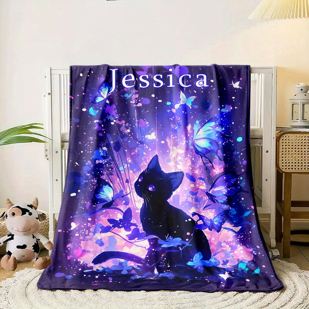 TEMU Custom Name Purple Butterfly & Black Cat Flannel Throw Blanket - Soft, Lightweight & Warm For Couch, Bed, Travel, Camping - Fleece, Machine Washable